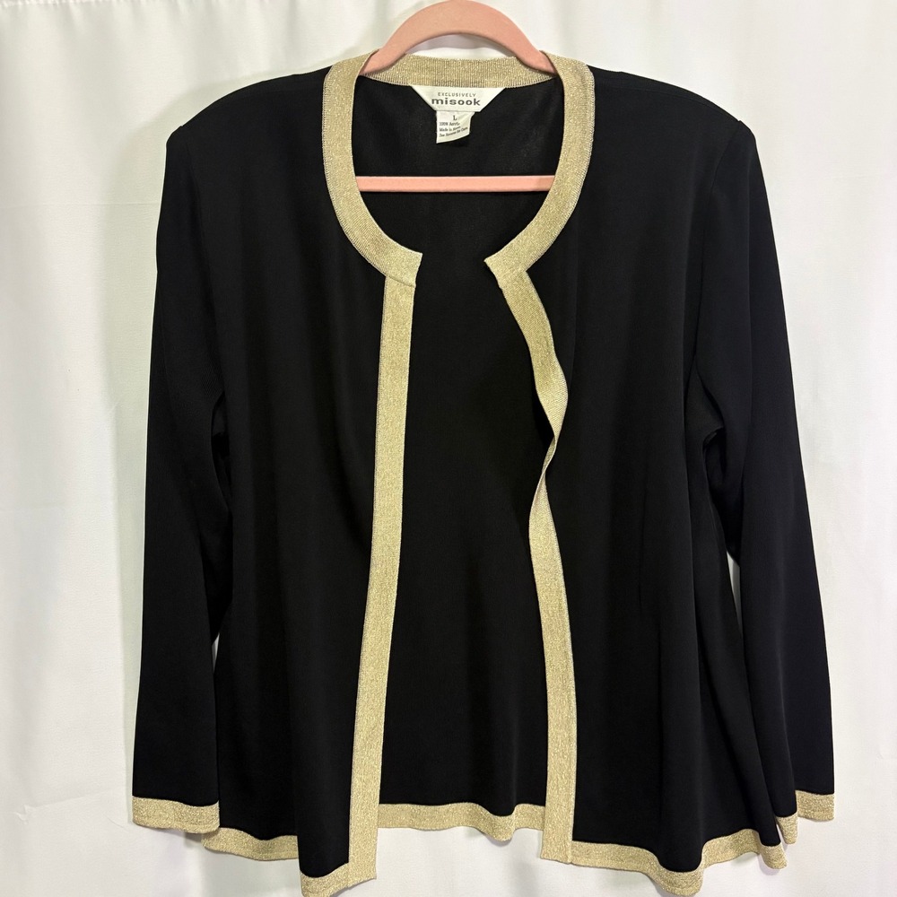 Exclusively Misook Black Gold Metallic Trim Knit Open Front Cardigan Jacket Sz L